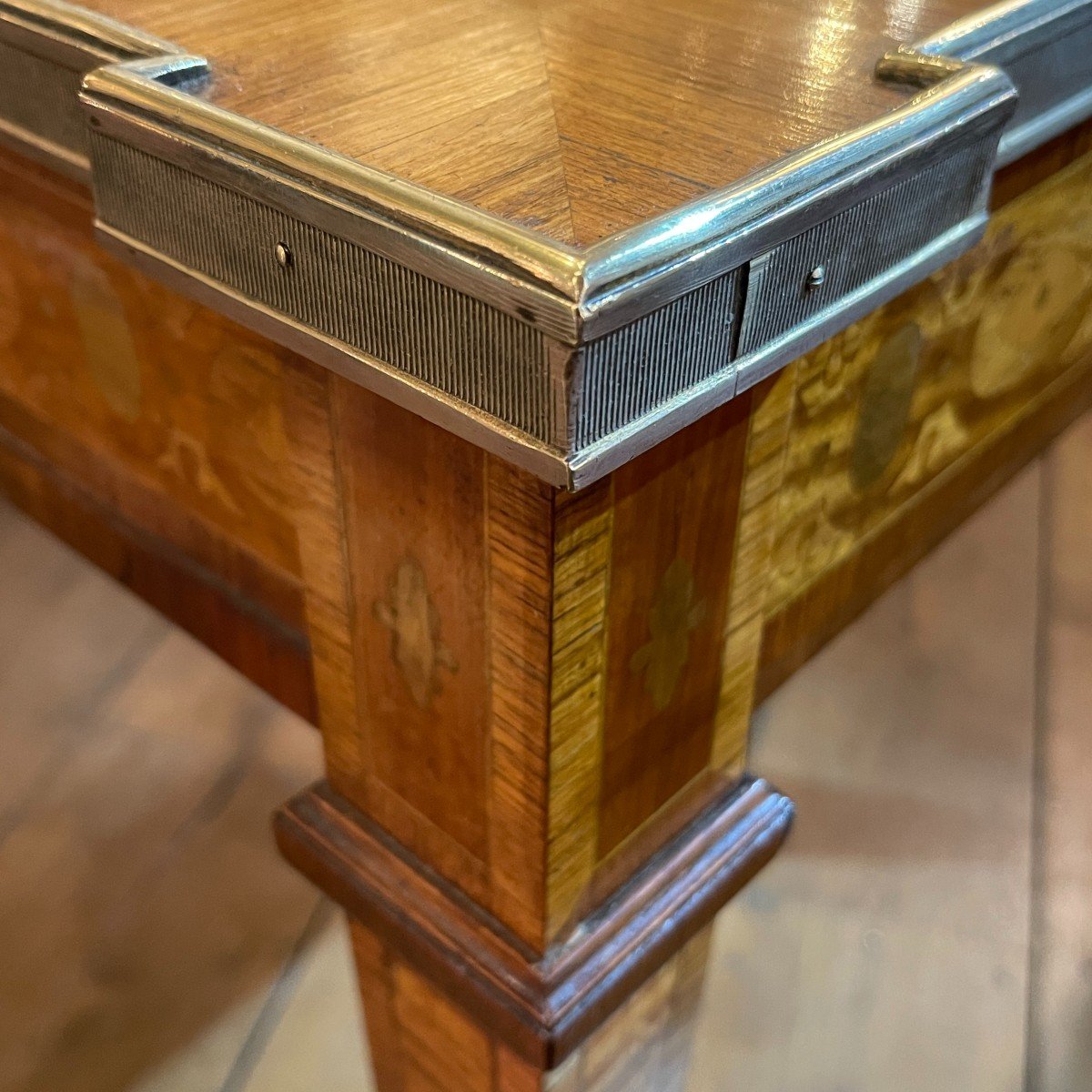 Table / Desk Louis XVI Directoire Inlaid, Brass Belt 2 Drawers, 19th-photo-2